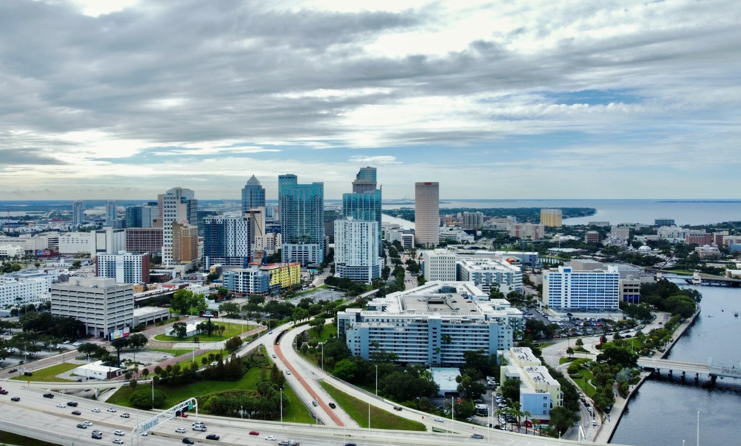 Aerial view of a Tampa Bay waterfront neighborhood or canal homes
