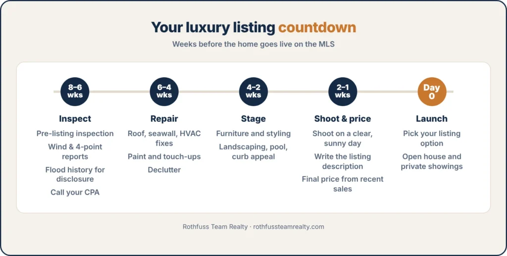Countdown for preparing a Tampa luxury home for sale: inspections, wind and four-point reports, flood history and a CPA call eight to six weeks out; repairs and decluttering; staging and curb appeal; the photo shoot and final price; then launch day.