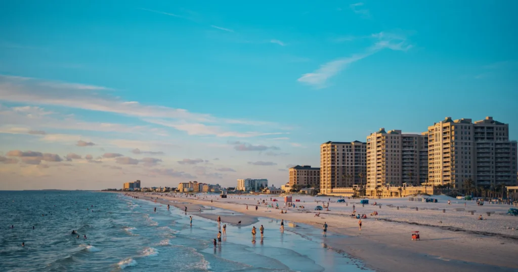 Clearwater Beach in Tampa Bay with Gulf-front condo towers in winter sun