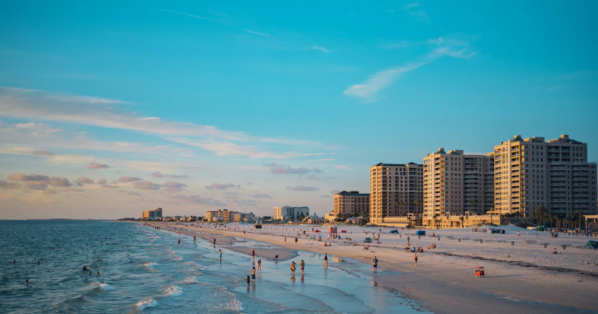 Clearwater Beach in Tampa Bay with Gulf-front condo towers in winter sun
